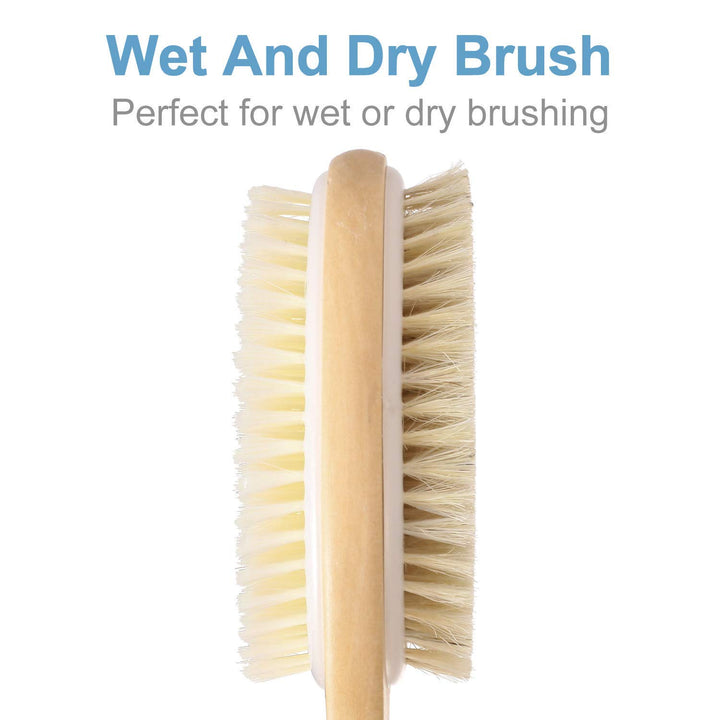 Bath Body Exfoliating Brush,Portable Shower Back Cleaning Scrubber with Long Wooden Handle, Double-Sided Brush Head for Exfoliating Skin and A Soft Scrub