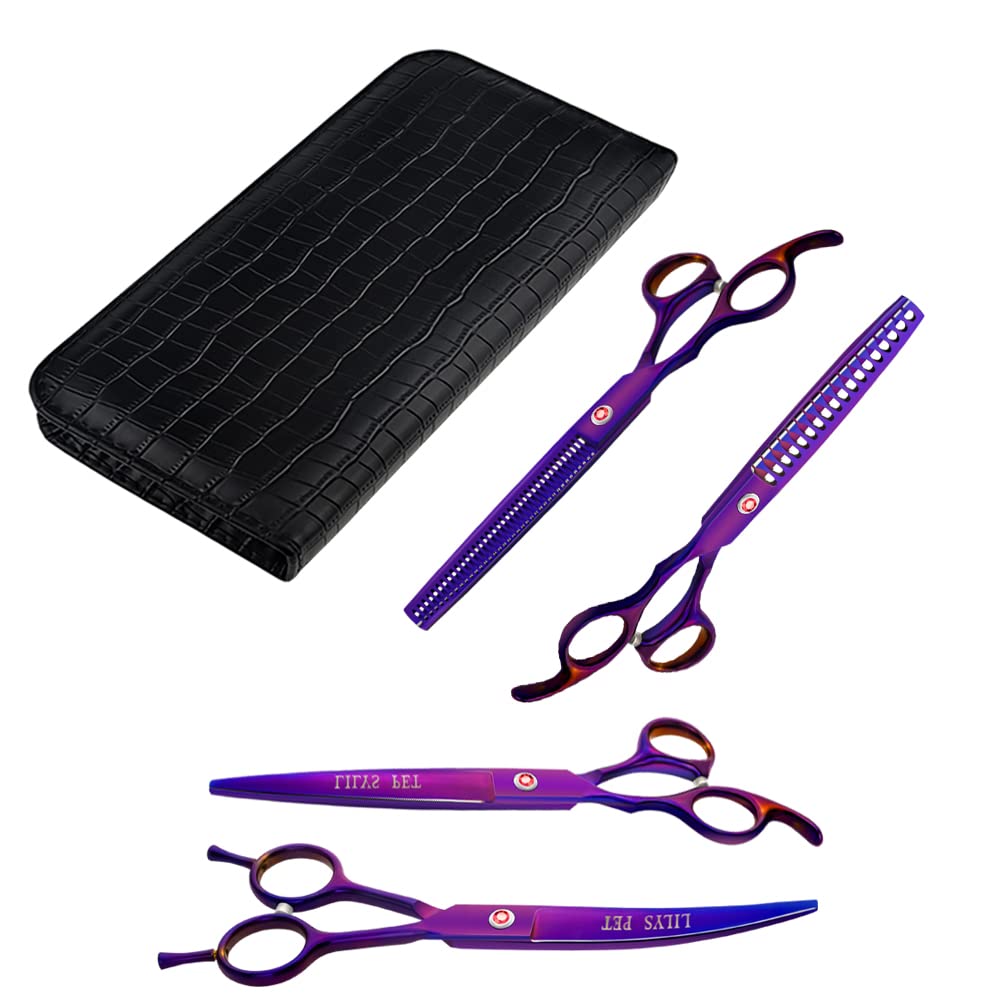 Professional PET Dog Grooming Titanium Scissors Set,Straight & Curved & Thinning & Chunker Scissors with 1 Grooming Comb for Dog Cat and More Pets Grooming (Purple)