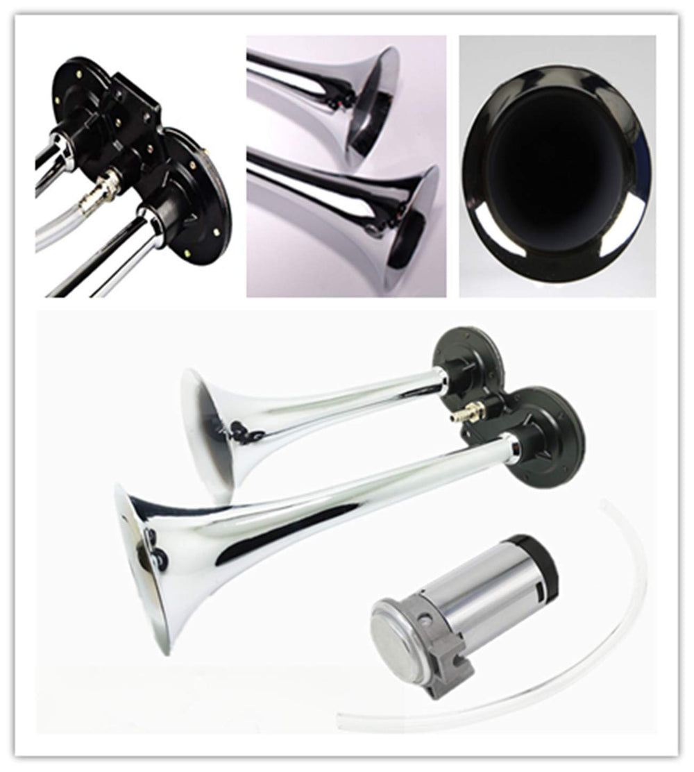 Air Horn Car Horn 12V 150db Truck Horn Chrome Zinc Dual Trumpet Air Horn with Compressor Loudspeaker Silver Super Loud Horn for Any 12V Vehicles Trucks Lorrys Trains Boats Cars Vans ect
