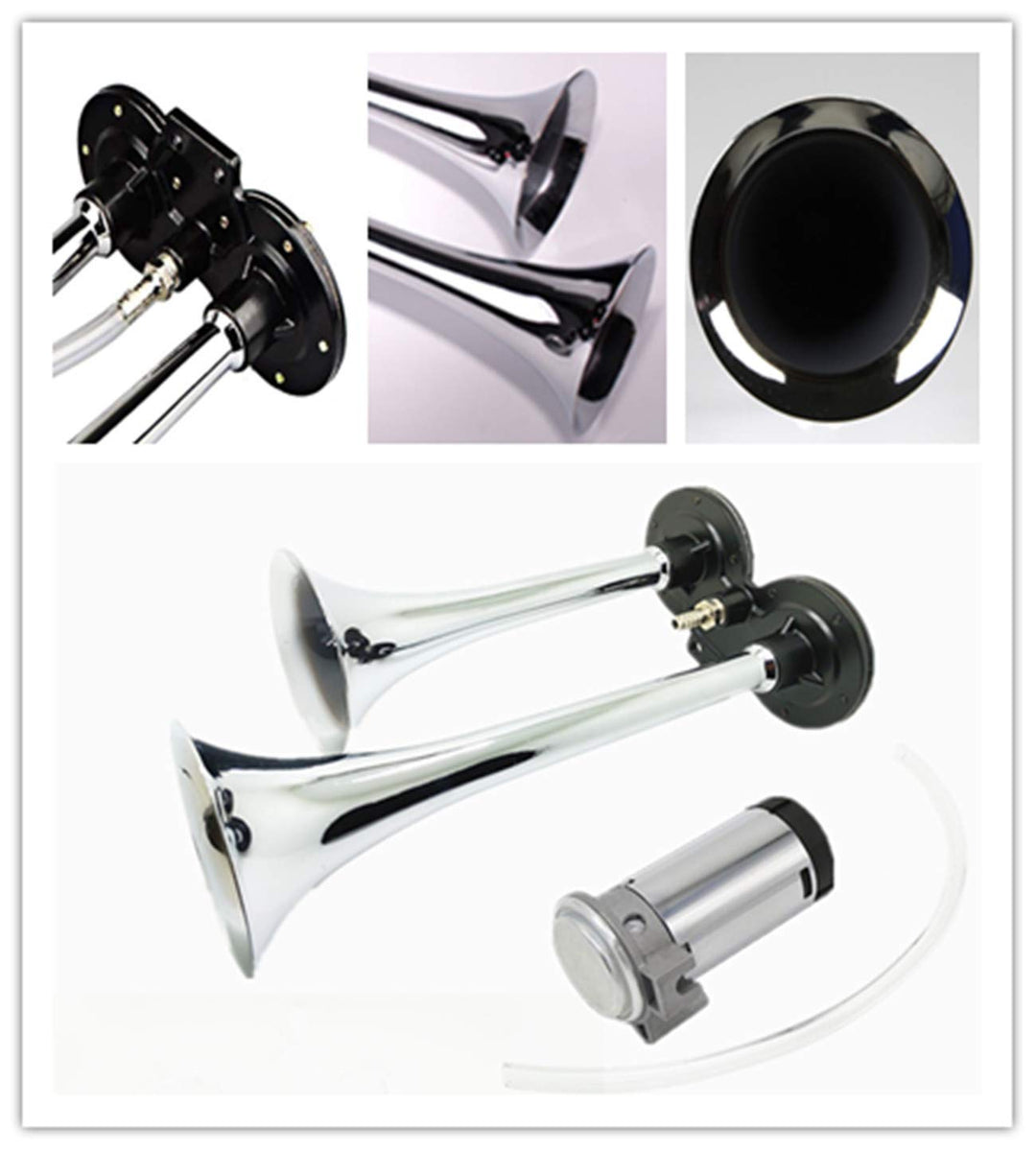 Air Horn Car Horn 12V 150db Truck Horn Chrome Zinc Dual Trumpet Air Horn with Compressor Loudspeaker Silver Super Loud Horn for Any 12V Vehicles Trucks Lorrys Trains Boats Cars Vans ect