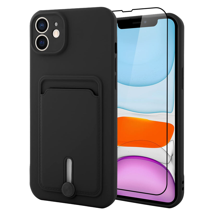 TPU Wallet Compatible with iPhone 11 Case, Camera Protection Cover + Screen Protector, Push-able Card Slot Case Girls Women -Cow