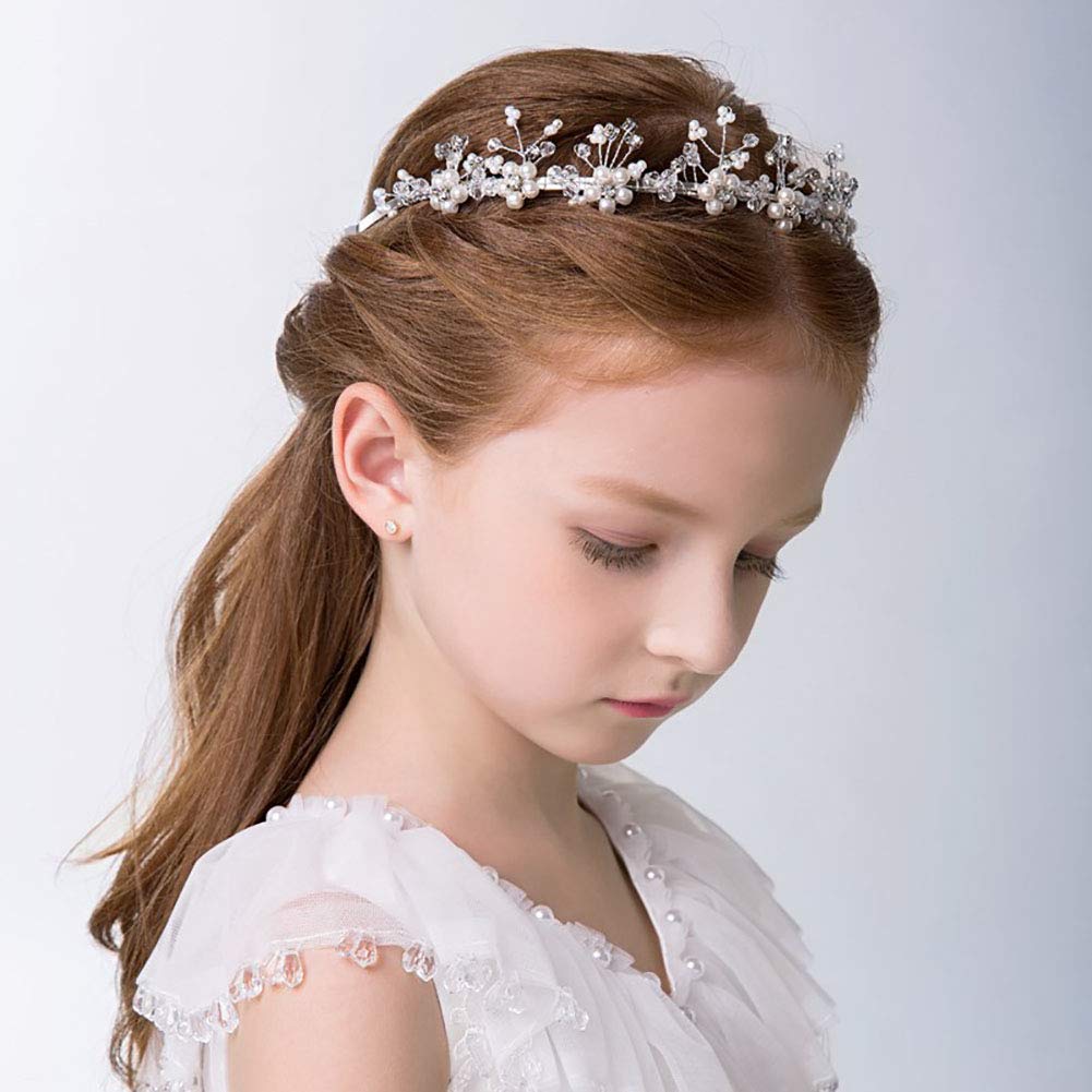 Flower Girl Hair Accessory, Pearl Headband Princess Wedding Headpiece Crystal Headwear for Wedding Tiara Hair Pieces Baby Girl-Suitable for Shows, Children' Day(White)