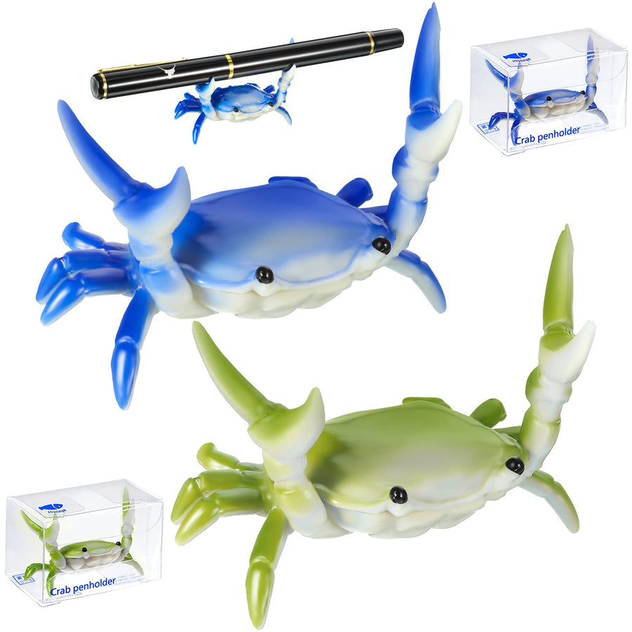 2 Pieces Japanese Creative Cute Crab Pen Holder for Desk Weightlifting Crab Pen Holder Creative Present Stand Storage Stationery Desktop Decoration Ornament, Blue and Green