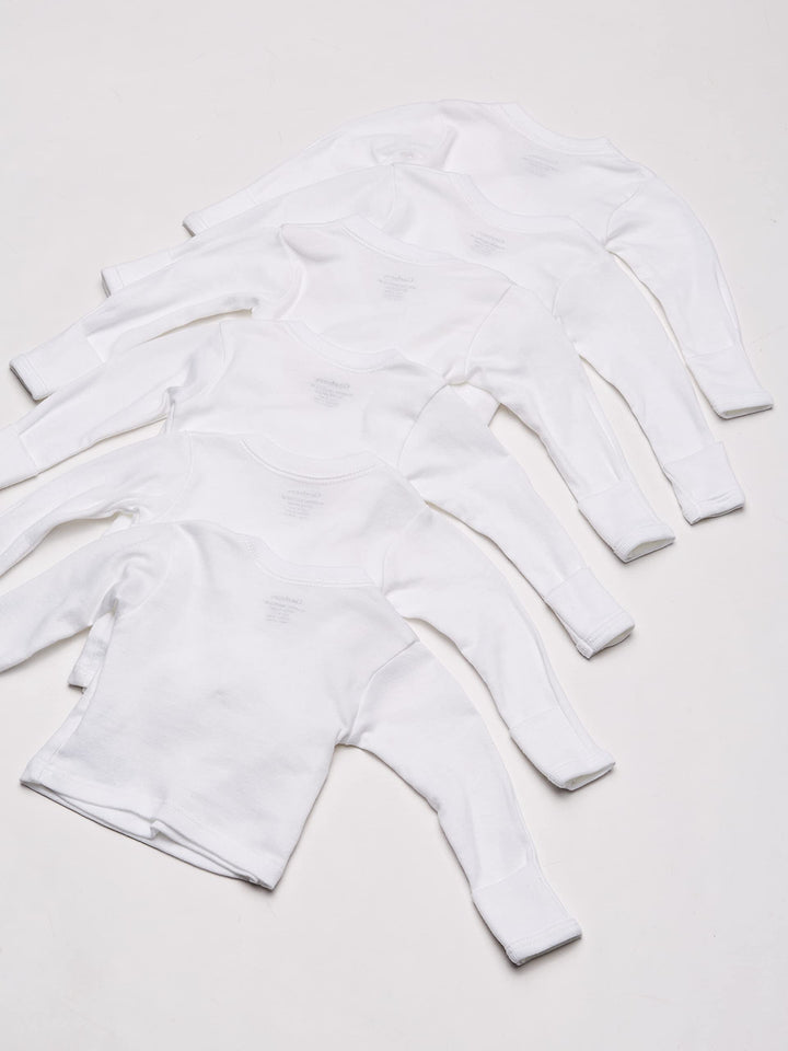 Baby 6-Pack Long-Sleeve Side-Snap Mitten-Cuff Shirt, White, 0-3 Months