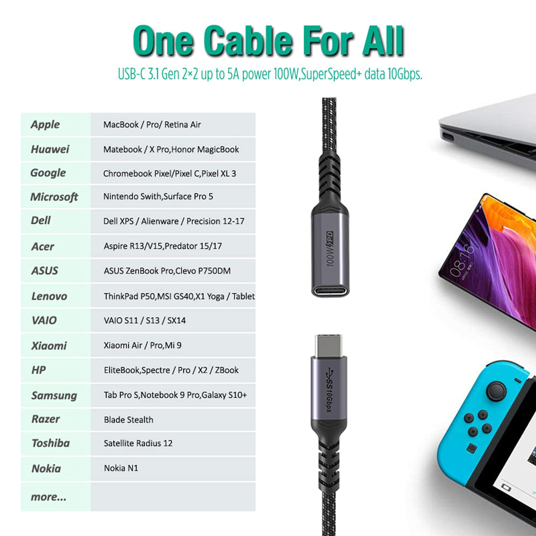 USB C Extension Cable,USB 3.1 Type C Male to Female 10Gbps Coaxial Extension Fast Charging Cable Ultra Thin and Soft Compatible MacBook Pro,iPad Pro,Dell XPS MS Surface Book(6.6FT/2M)