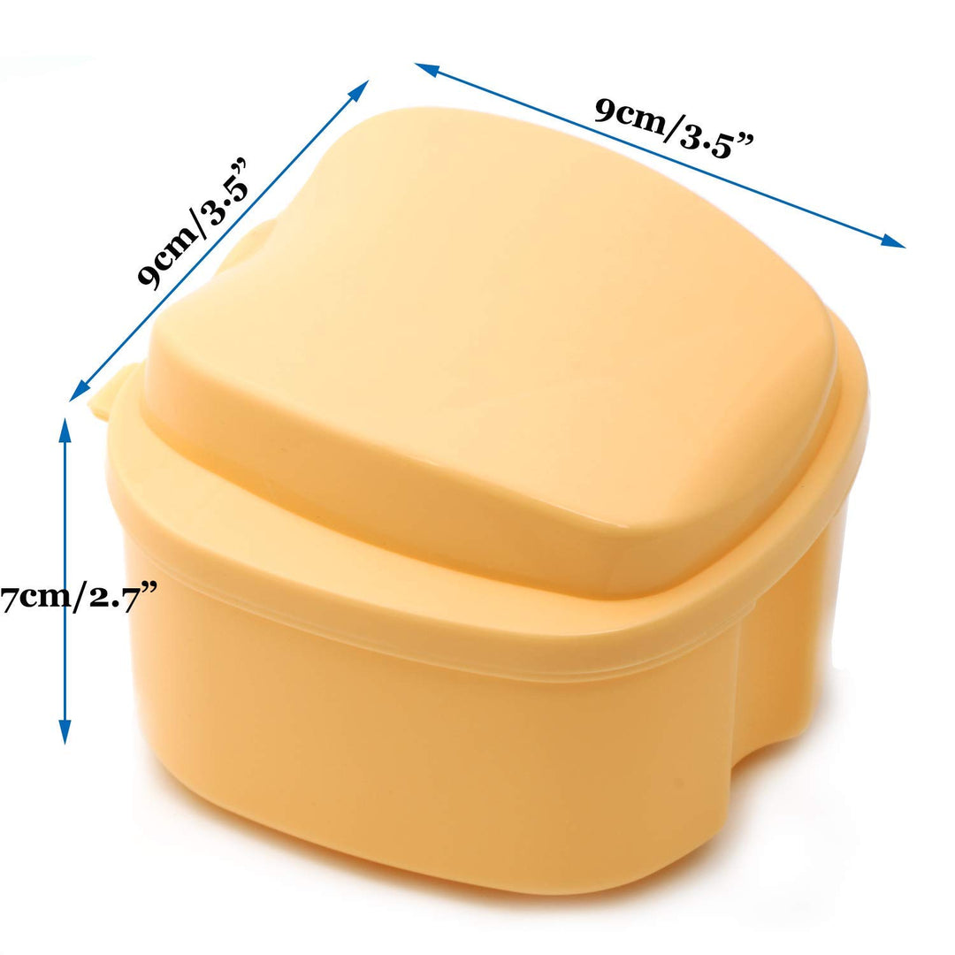 Denture Case, Denture Cup with Strainer, Denture Bath Box False Teeth Storage Box with Basket Net Container Holder for Travel, Retainer Cleaning (Blue) (Light Orange)