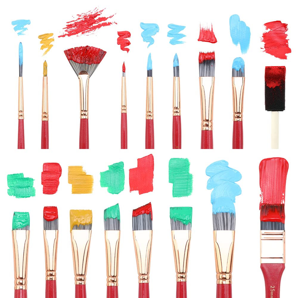 Transon Art Paint Brush Kit 16 Paint Brushes with Foam Brush Sponge Spatula and Brush Case for Oil, Acrylic, Watercolor, Gouache, Painting Pink Color
