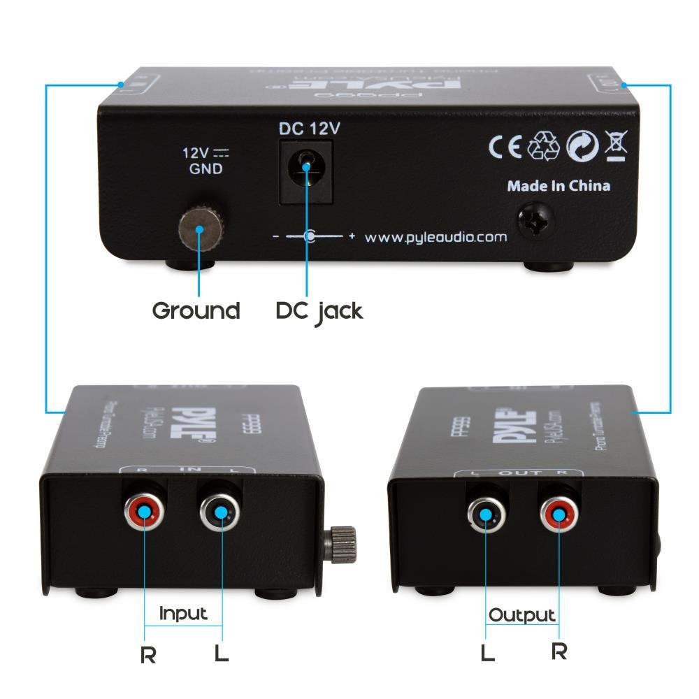 Phono Turntable Preamp - Mini Electronic Audio Stereo Phonograph Preamplifier with RCA Input, RCA Output & Low Noise Operation Powered by 12 Volt DC Adapter - PP999 , Black