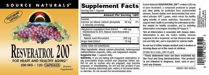 Resveratrol 200 mg for Heart and Healthy Aging - 120 Vegetarian Capsules