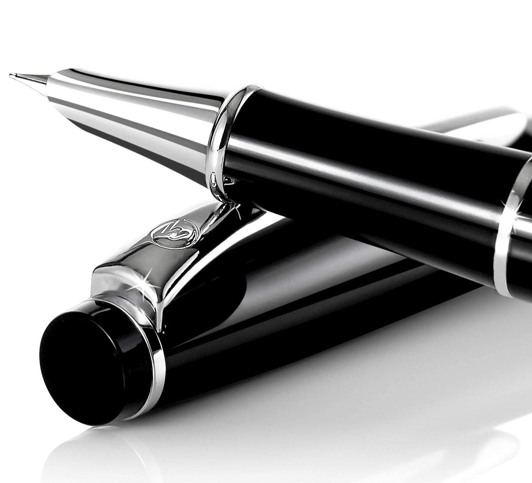 Luxury Black Fountain Pen with Beautiful Case Set, Fine Silver Nib and Refillable Converter. Perfect Calligraphy Pens to Make Your Point. Works Smoothly with International Disposable Ink Cartridges