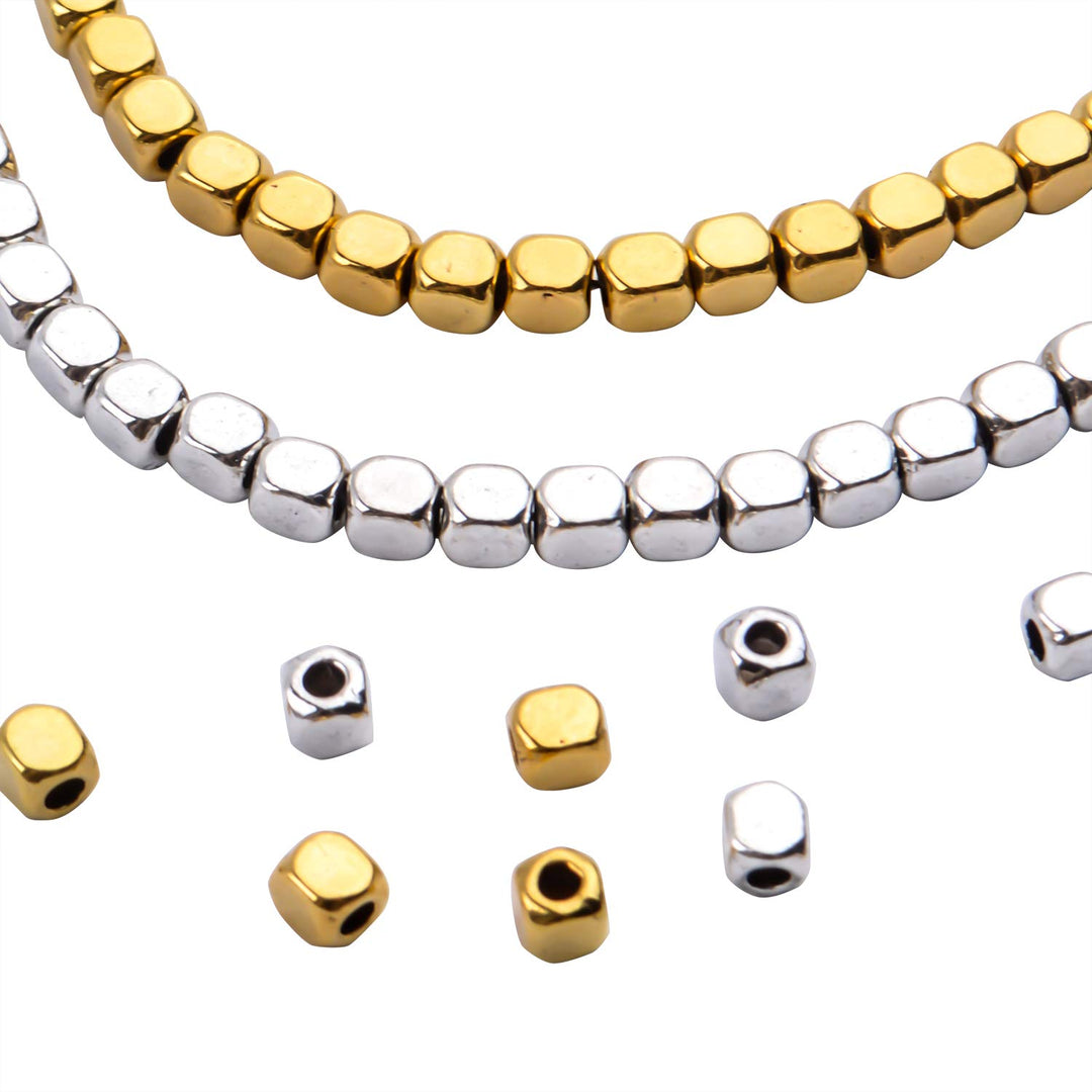 200pcs 3.5mm Cube Beads Square Spacer Beads Jewelry Findings for Bracelets Crafts DIY,Gold and Silver