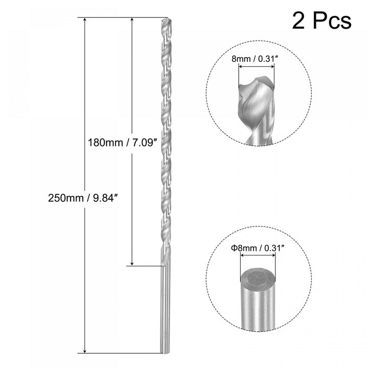 HSS(High Speed Steel) Extra Long Twist Drill Bits, 8mm Drill Diameter 250mm Length 2 Pcs