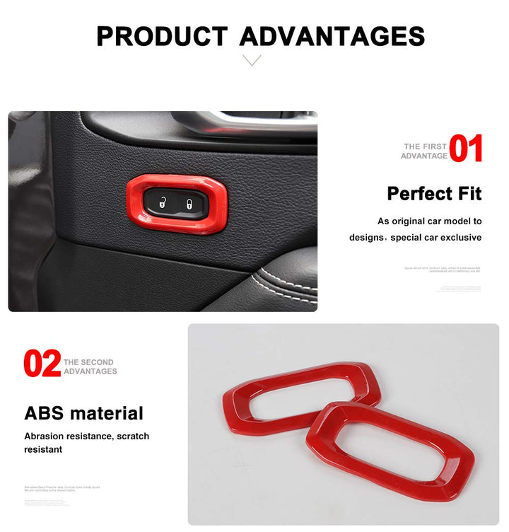 Door Lock Switch Trim Cover Interior Accessories Compatible with Jeep Wrangler 2018-2023 JL JLU Sport Sahara Rubicon & 2020-2023 Gladiator JT, Red