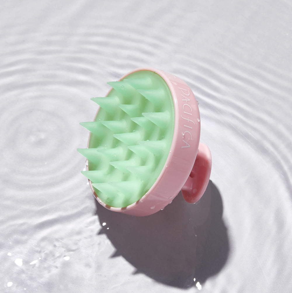 Beauty | Clarifying Shampoo Brush | Exfoliating Scalp Massager | Flexible Silicone Brushes | Ergonomic Handle | Hair Care / Scalp Care | Waterproof | Pink + Green | Vegan