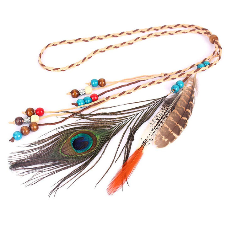 Indian Peacock Feather Headbands Boho Princess Head Chain Bule Adjust Headdress Handmade Rope Hair Accessories for Women and Girls (G)