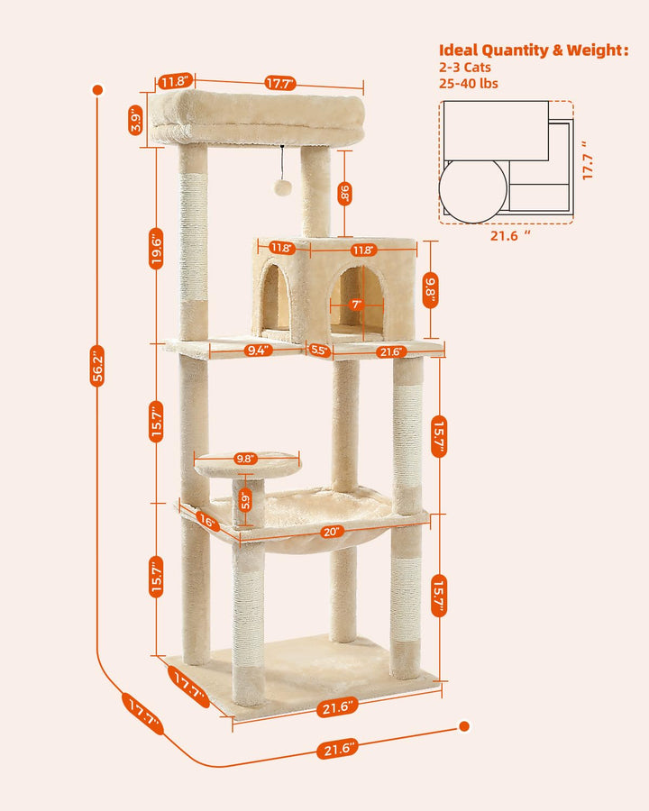 56.3 Inches Multi-Level Cat Tree Cat Tower with Sisal Covered Scratching Posts, Comfort Condo, Extra Large Hammock and Plush Perches Beige