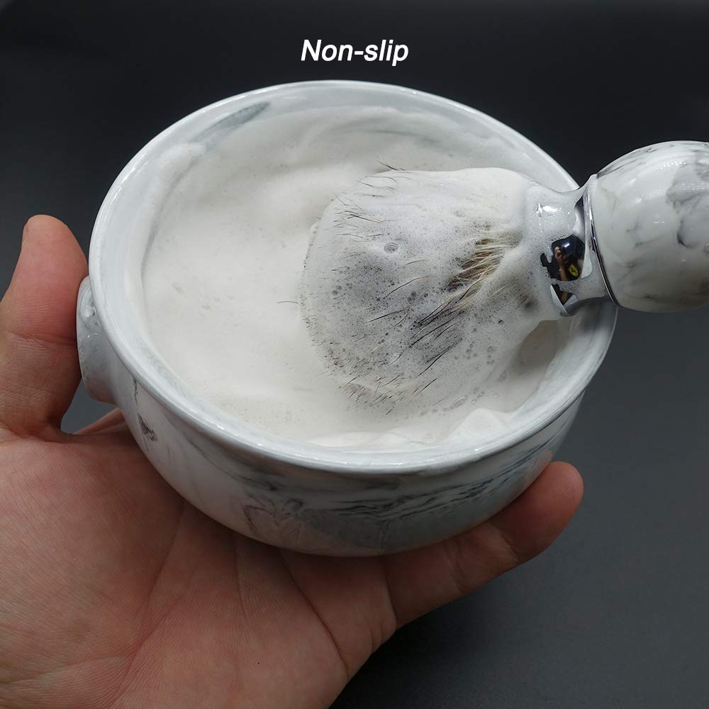 Ceramic Shaving Soap Bowl For Men, Non-slip Handle, Wide Mouth, Large Capacity, Easier to Lather-White& Black