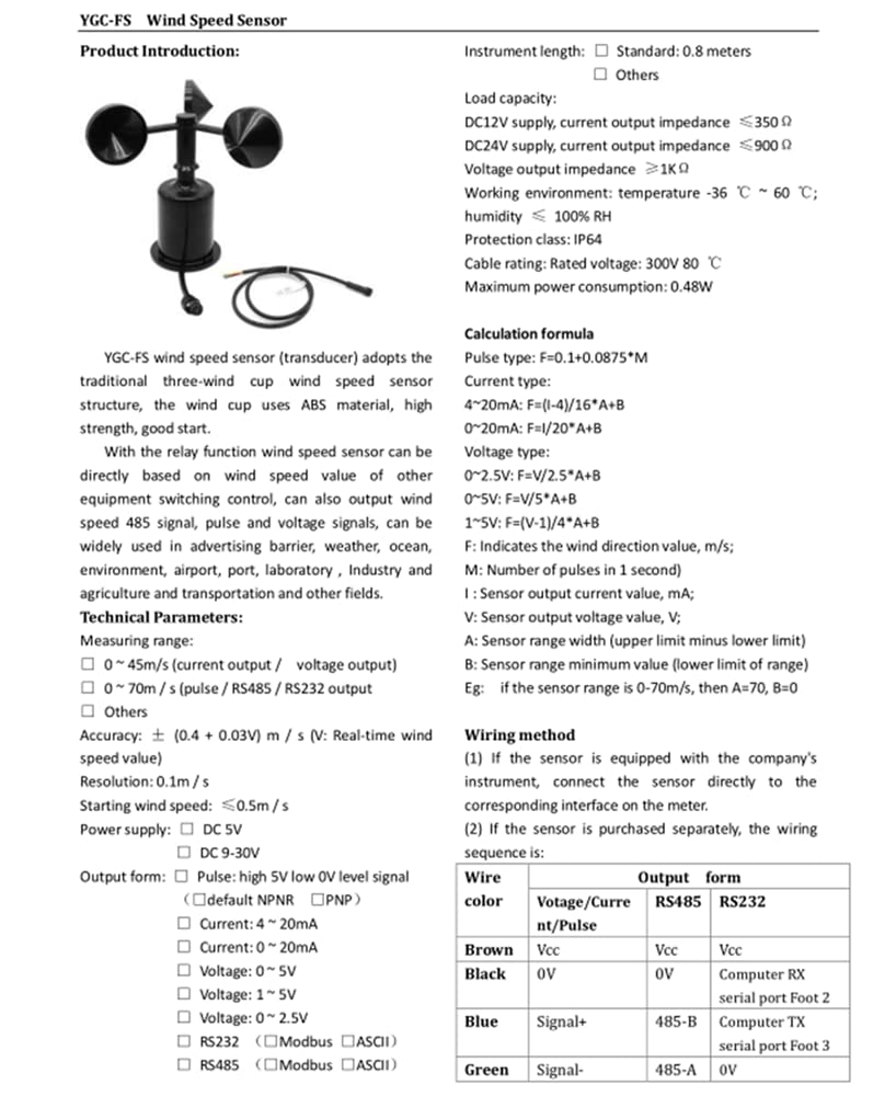 Anemometers Wind Speed Monitoring Sensor 9-30V DC Supply 4-20mA Output Outdoor Weather Station