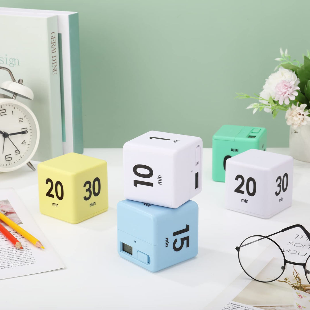 2 Pieces Cube Timers Gravity Sensor Flip Timer Kids Timer Workout Timer and Game Timer for Time Management, 1 3 5 10 Minutes and 15 20 30 60 Minutes (White, Blue)