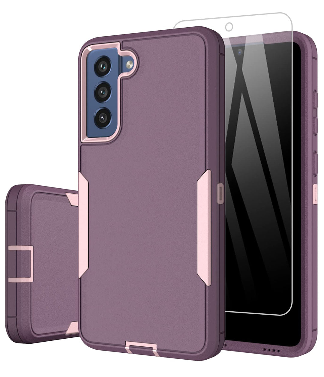 for Samsung Galaxy S21 FE 5G Case, and Glass Screen Protector, Dust Proof Port Cover, Full Body Protection Durable Rubber Cover Phone Case, Purple