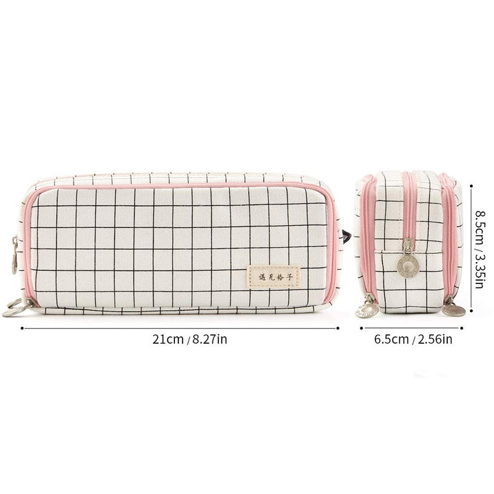 Large Pencil Case Big Capacity 3 Compartments Canvas Pencil Pouch for Teen Boys Girls School Students (Pink Strip Black Grid)