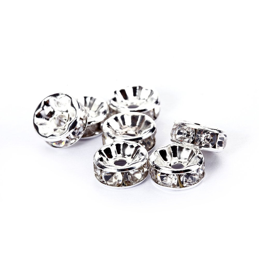 6mm Silver Plated Crystal Rondelle Spacer Beads 100pcs per Bag for jewelery Making(#001 Clear Crystal)