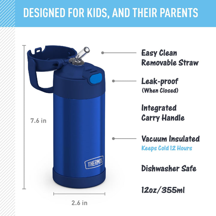 FUNTAINER 12 Ounce Stainless Steel Vacuum Insulated Kids Straw Bottle, Blue