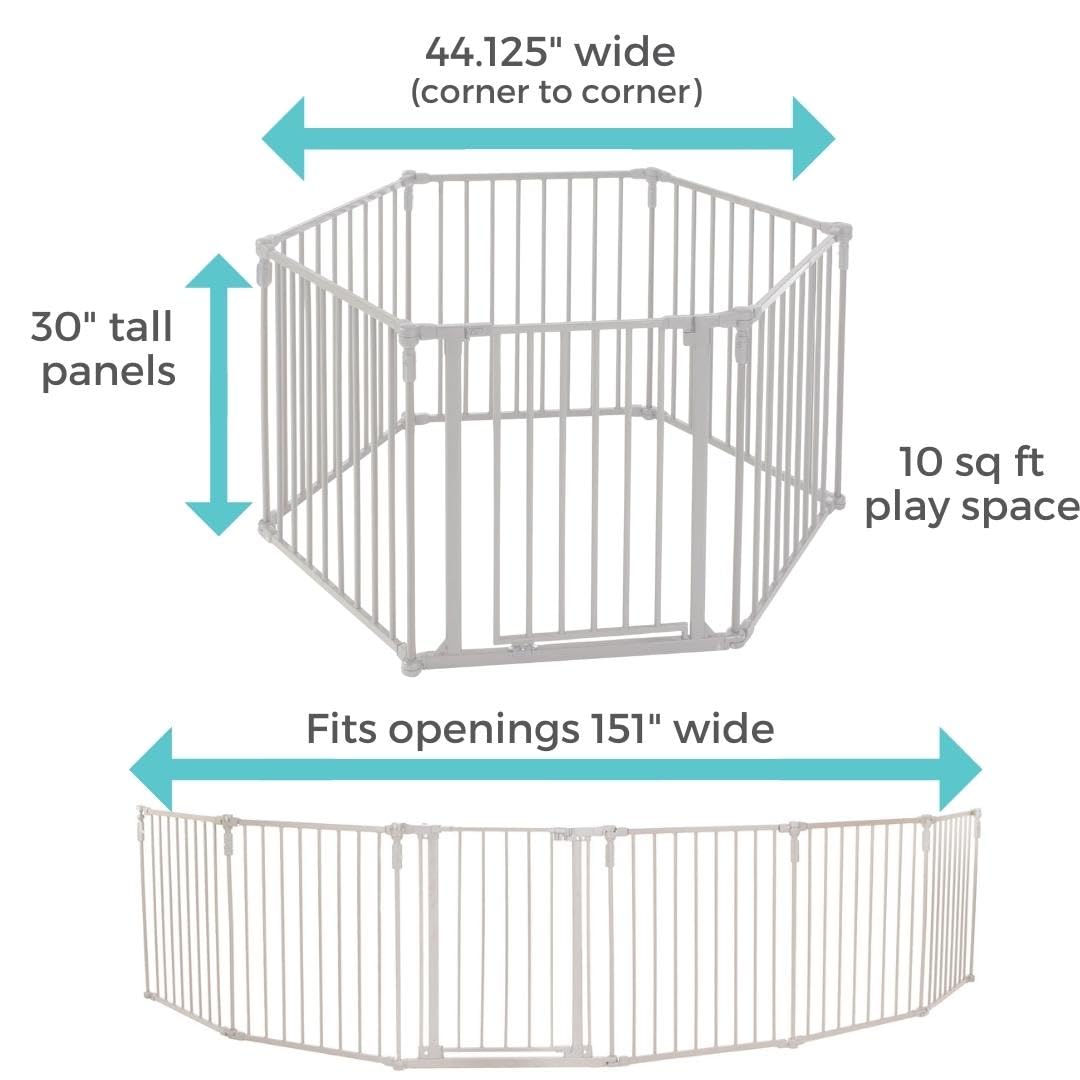 3 in 1 Metal Superyard 6 Panel Play Yard, Baby Gate, Playpen or Extra Wide Baby Fence, 151 Wide. Wall Mount Kit Included. 10 sq ft play yard (30 tall, Taupe)