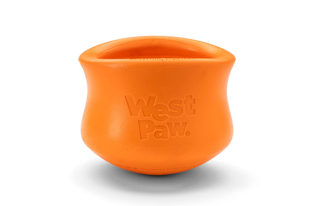 West Paw Zogoflex Toppl Treat Dispensing Dog Toy Puzzle – Interactive Chew Toys for Dogs – Dog Toy for Moderate Chewers, Fetch, Catch – Holds Kibble, Treats, Large 4, Tangerine