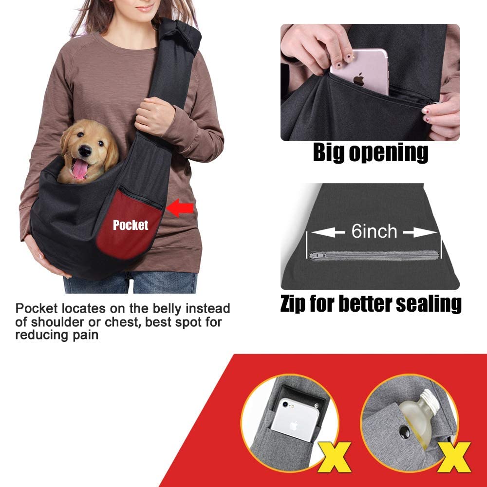 Dog Cat Sling Carrier Adjustable Padded Shoulder Strap with Large Zipper Pocket & Mesh Pocket for Outdoor Travel