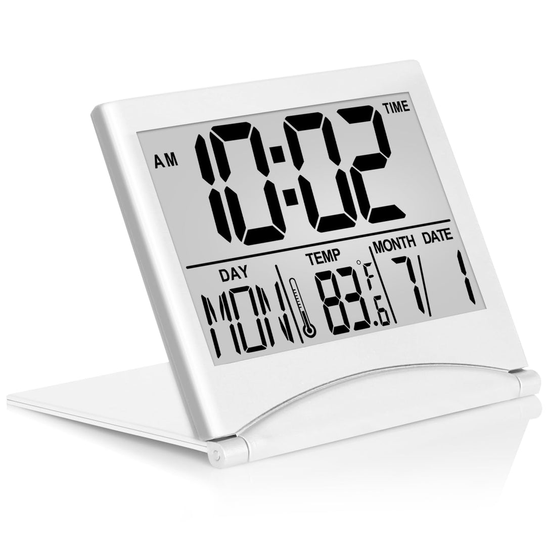 Digital Travel Alarm Clock - Foldable Calendar Temperature Timer LCD Clock with Snooze Mode - Large Number Display, Battery Operated - Compact Desk Clock(Silver, No Backlight)