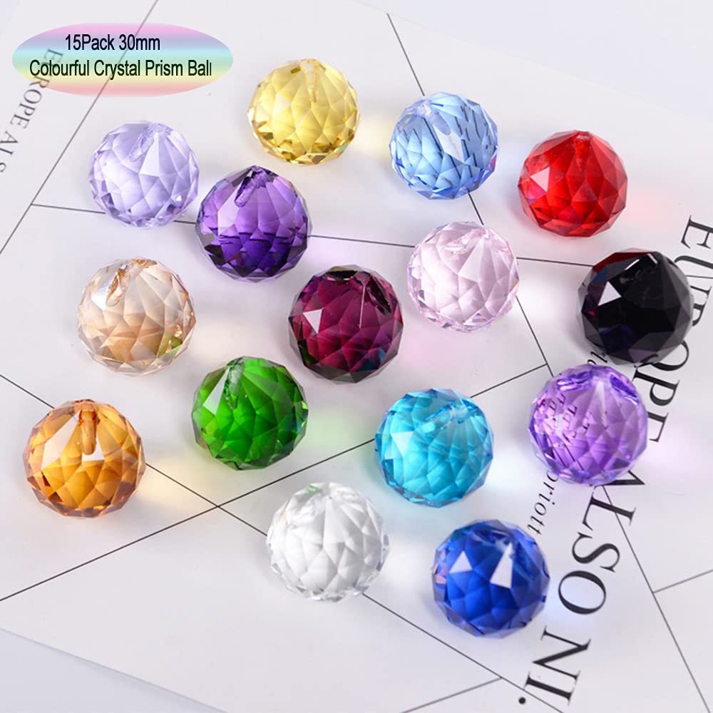 30mm/1.18 15 Pack Crystal Ball Prism Sun Shine Catcher Rainbow Pendants Maker, Hanging Crystals Prisms for Windows, for Feng Shui (Multicolor)