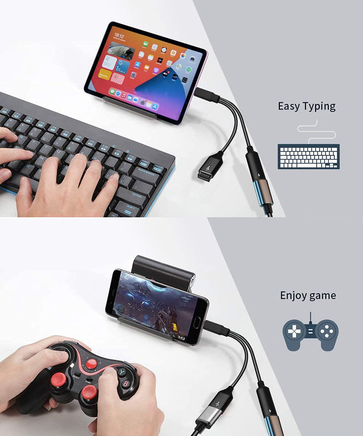 USB C to USB Adapter with Type C Charging, 2 in 1 Type C 3.0 OTG Splitter with 60W PD Fast Charge Compatible with iPhone 16 15 Pro Max, Galaxy S24 S23 S22, Pixel 9 8 7, iPad Pro, Google TV 2020