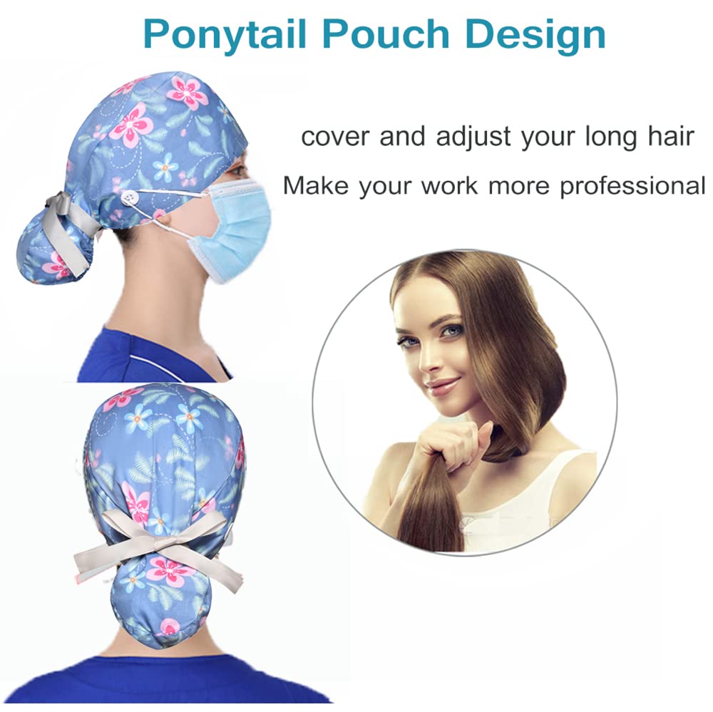 Working Cap with Buttons and Sweatband Adjustable Ribbon Tie Ponytail Hats for Women,Long Hair Head Covers Hair Caps (Blue Butterfly)…