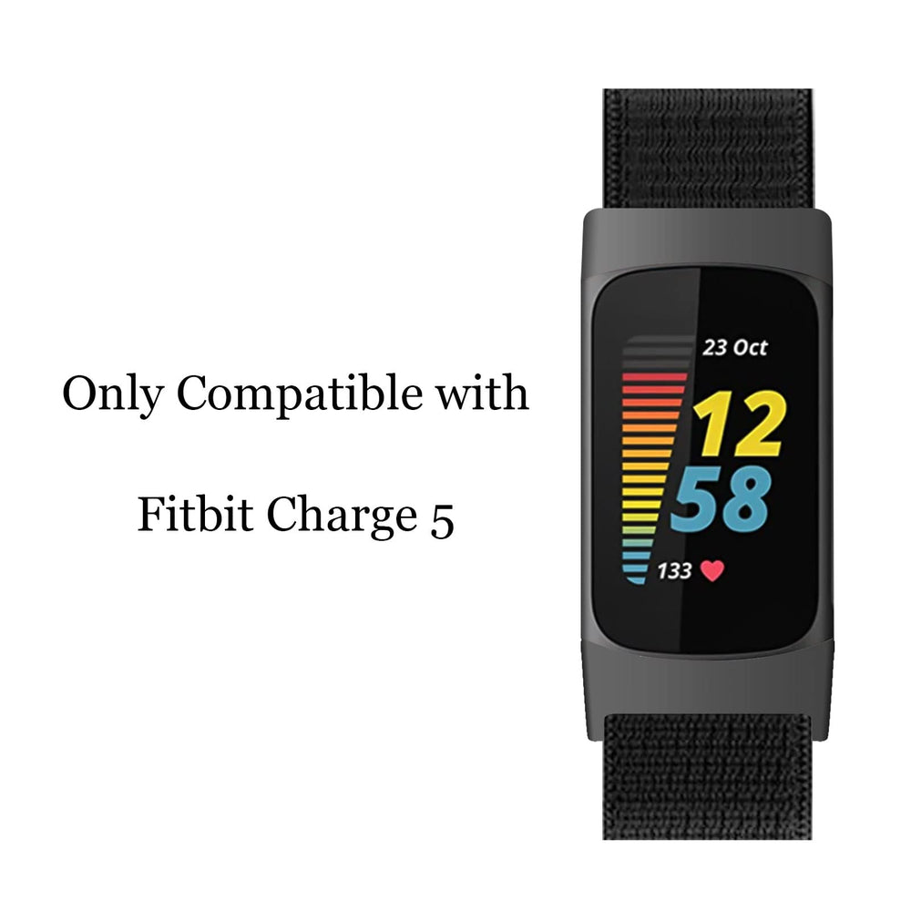 Nylon Bands Only Compatible with Fitbit Charge 5 Bands, Soft Breathable Adjustable Replacement Nylon Loop Wristband Sport Strap for Women Men, Black, Small