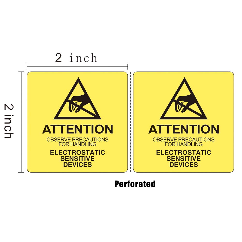 Self Adhesive Static Warning Sticker Label, Attention - Observe Precautions for Handling - Electrostatic Sensitive Devices, 2x2 Inches Anti-Static ESD Label Perforated, 500 per Roll