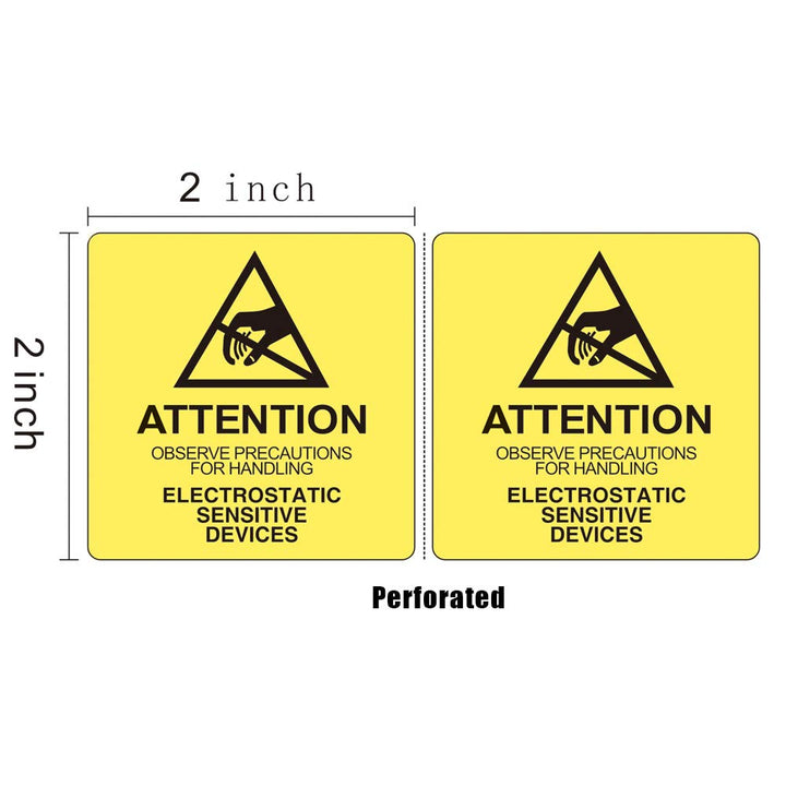Self Adhesive Static Warning Sticker Label, Attention - Observe Precautions for Handling - Electrostatic Sensitive Devices, 2x2 Inches Anti-Static ESD Label Perforated, 500 per Roll