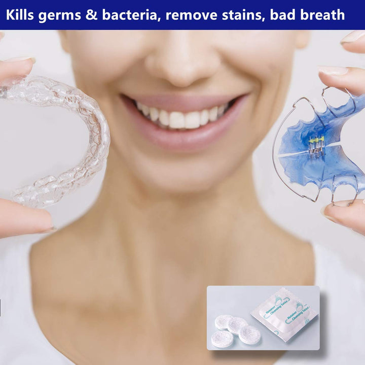 Retainer Cleaner Tablets 120 Tablets - 4 Months Supply, Cleaning Tablets for Denture Aligners Invisalign, Mouth Guard Night Guard Cleaner Tablets, Remove Odors Discoloration Stains& Plaque, Mint