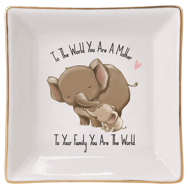 Mother's Day Gifts for Mom Elephant Ring Dish Holder Trinket Tray- to The World You are A Mom, But to Our Family You are The World