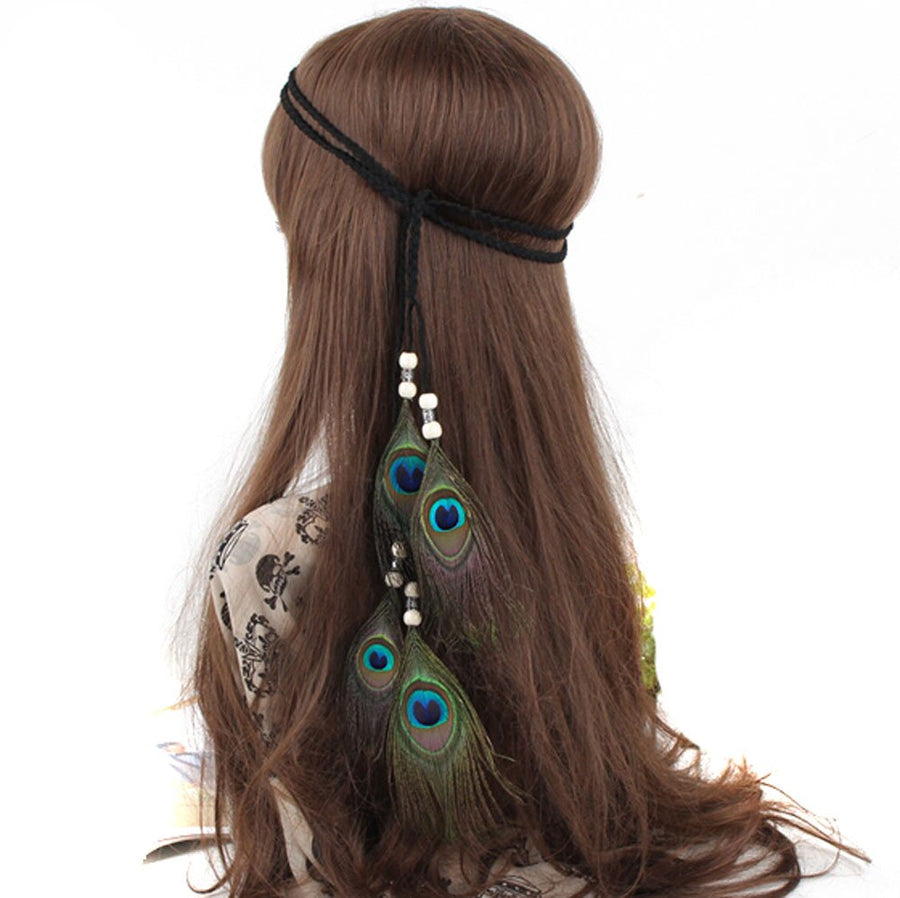 Indian Peacock Feather Headdress Headband Bohemian Tassel Hairband Head Chain Headwear Hair Styling Accessories for Women Girls Handmade