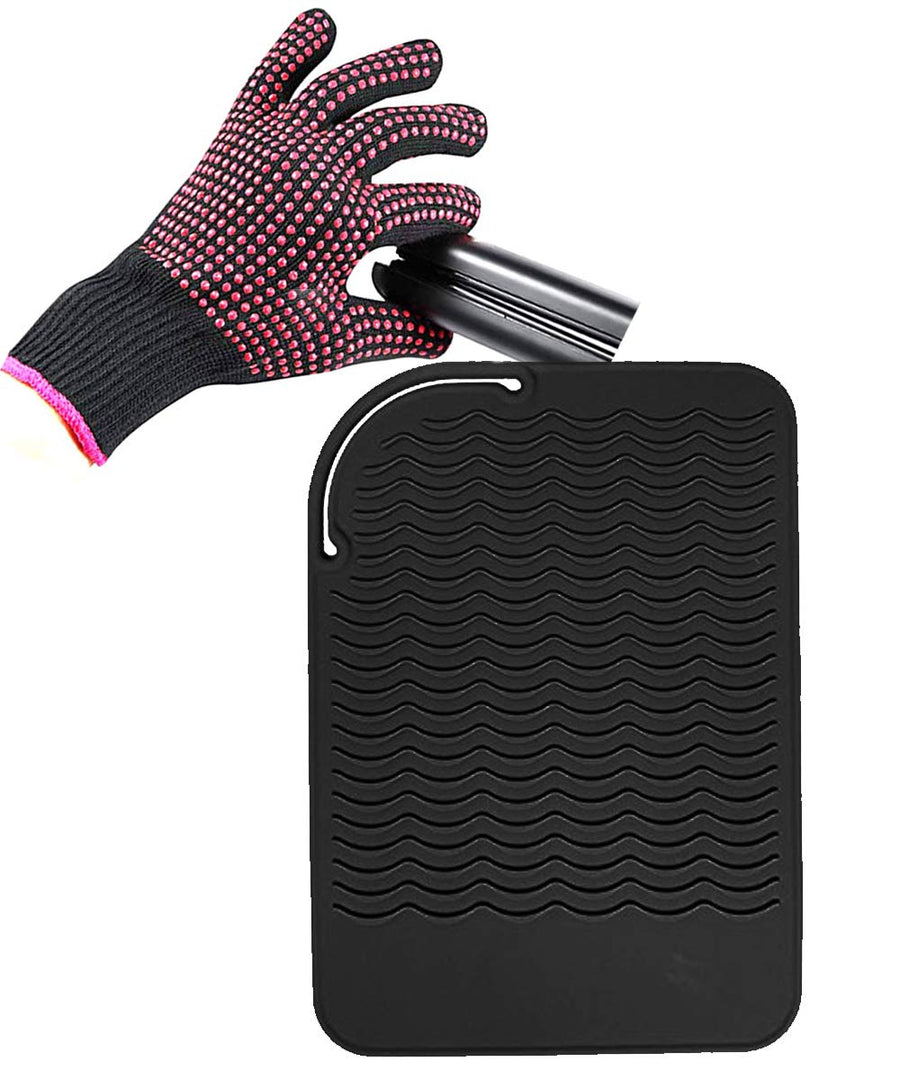 Curling Iron Mat, Heat Resistant Mat with Heat Resistant Glove for Hair Straightener, Flat Irons, 8.7â€Âx5.2†Silicone Bump Glove, 9†x 6.5†Food Grade Silicone Mat, Black