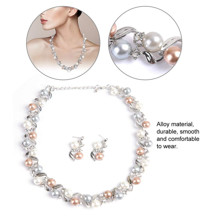 Women Faux Pearl Necklace Earrings Set , Bridal Jewelry Set with Rhinestone Jewelry Lady Mother's Day(silvery white)
