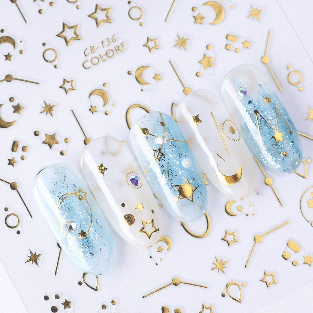 8Sheets Self-ahesive 3D Design Nail Art Stickers Decals Gold Silver Metallic Studs Moon Stars Geometry Pattern Manicure DIY Decoration Tools