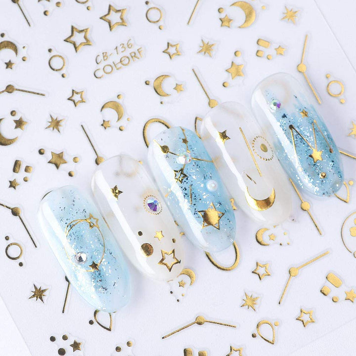 8Sheets Self-ahesive 3D Design Nail Art Stickers Decals Gold Silver Metallic Studs Moon Stars Geometry Pattern Manicure DIY Decoration Tools