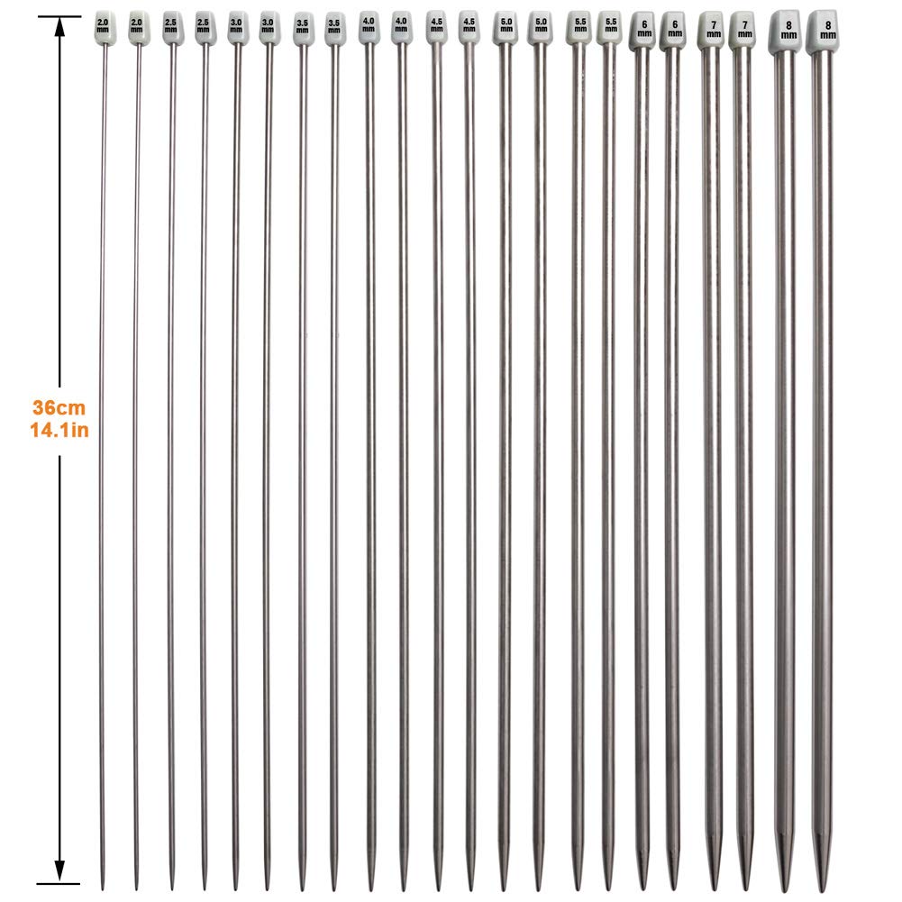 22Pcs Stainless Steel Straight Knitting Needles Set, 2mm-8mm, Long Needles with Markings, Large-Eye Needles, Measure Tape, Kitting Kit for DIY, Travel