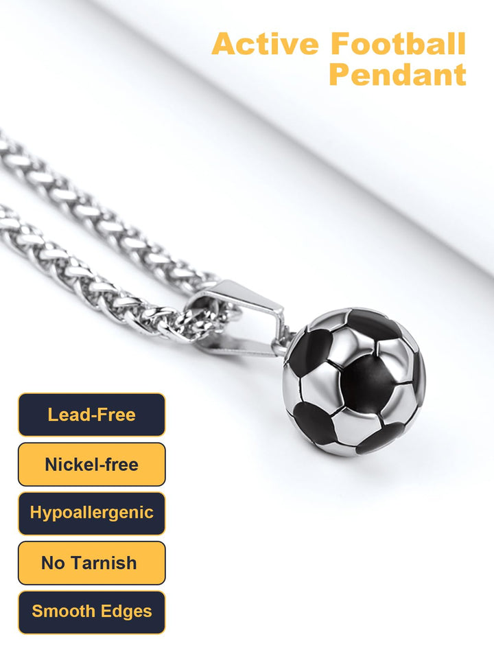 Men Sport Necklace Stainless Steel Rope Wheat Chain with Cool Enamel Black Ball Pendant Soccer Jewelry