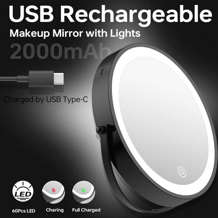 Rechargeable Wall Mounted Lighted Makeup Mirror, Mounted Makeup Magnifying Mirror with Lights,10X LED Vanity Mirror Wall Mounted, 8 Wall Bathroom Light Up Magnified Mirror (Black)