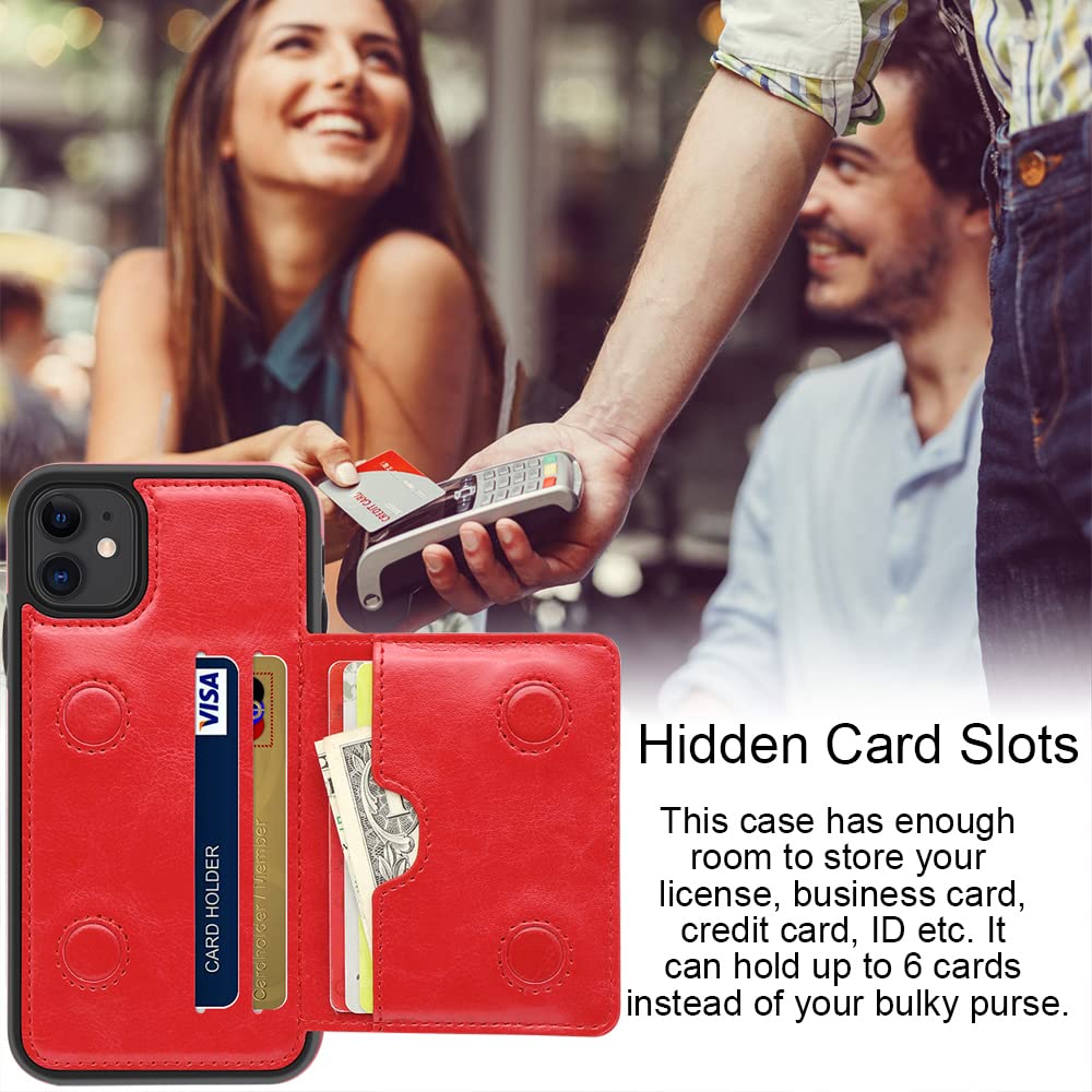 Case for iPhone 11 Case with Card Holders, Dual Layer Lightweight Slim Leather Wallet Case Flip Folio Magnetic Lock Protective Case for Apple iPhone 11 6.1 Inch (2019), Red