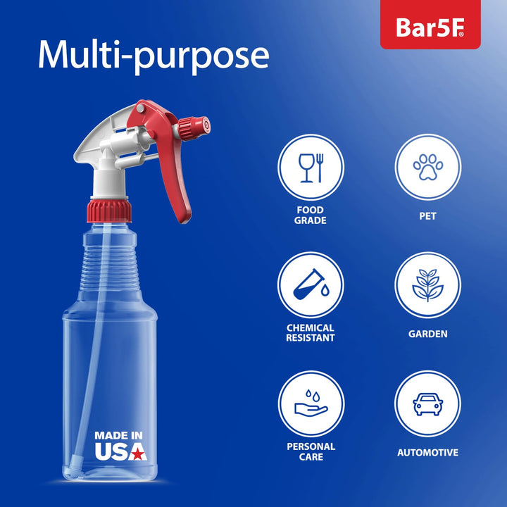 BAR5F Empty Plastic Spray Bottles 16 oz, BPA-Free Food Grade, Crystal Clear PETE1, Red/White N8 Fully Adjustable Sprayer (Pack of 2)