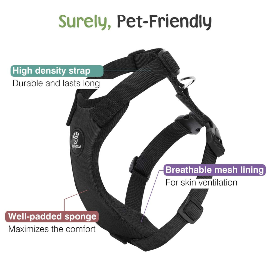 Dog Vehicle Safety Vest Harness, Adjustable Soft Padded Mesh Car Seat Belt Leash Harness with Travel Strap and Carabiner for Most Cars, Size Large, Black
